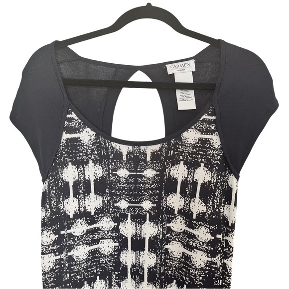 CARMEN Marc Valvo Navy & White Knit Dress with Cap Sleeves & Back Cut Out - Picture 5 of 14